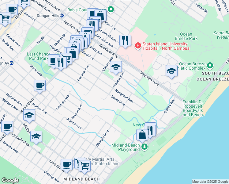 map of restaurants, bars, coffee shops, grocery stores, and more near 497 Naughton Avenue in Staten Island