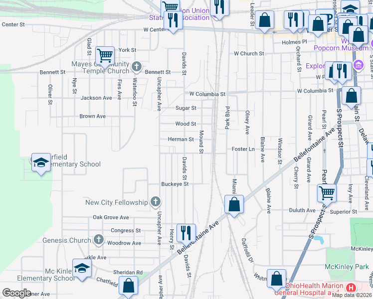 map of restaurants, bars, coffee shops, grocery stores, and more near 481 Davids Street in Marion