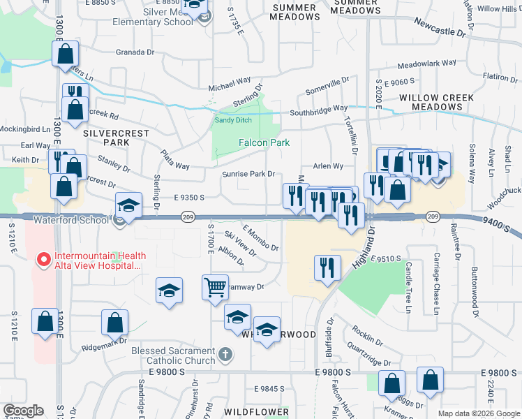 map of restaurants, bars, coffee shops, grocery stores, and more near 1798 Sunrise Meadow Drive in Sandy