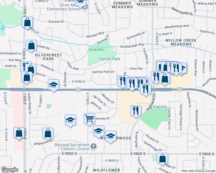 map of restaurants, bars, coffee shops, grocery stores, and more near 1798 Sunrise Meadow Drive in Sandy