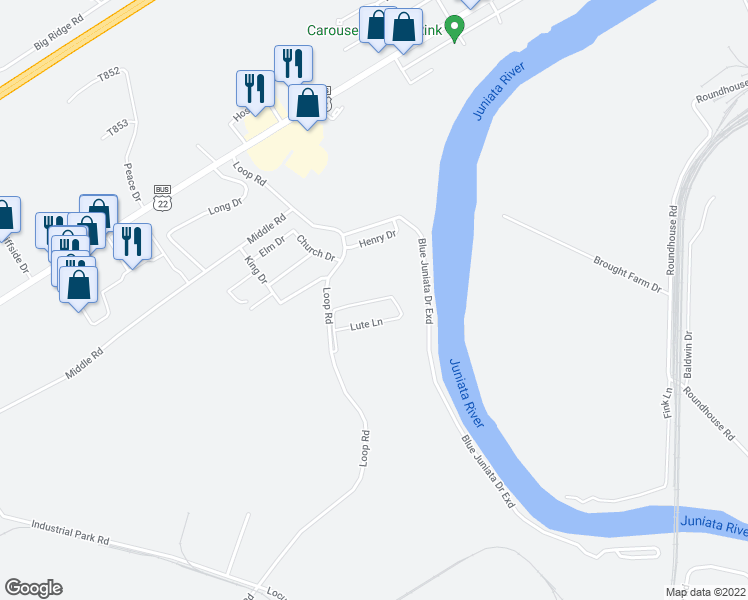 map of restaurants, bars, coffee shops, grocery stores, and more near 110 Fort Granville Lane in Lewistown