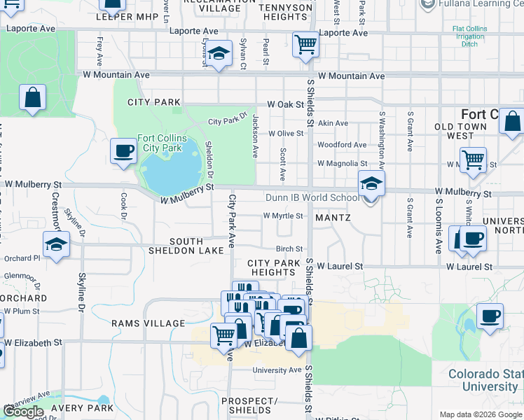map of restaurants, bars, coffee shops, grocery stores, and more near 1214 West Myrtle Street in Fort Collins