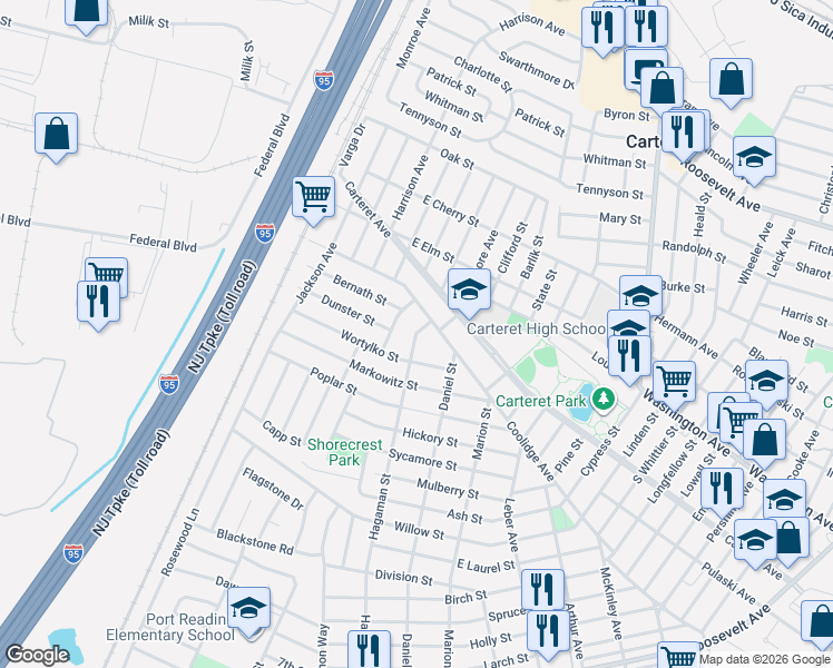 map of restaurants, bars, coffee shops, grocery stores, and more near Hagaman Street in Carteret