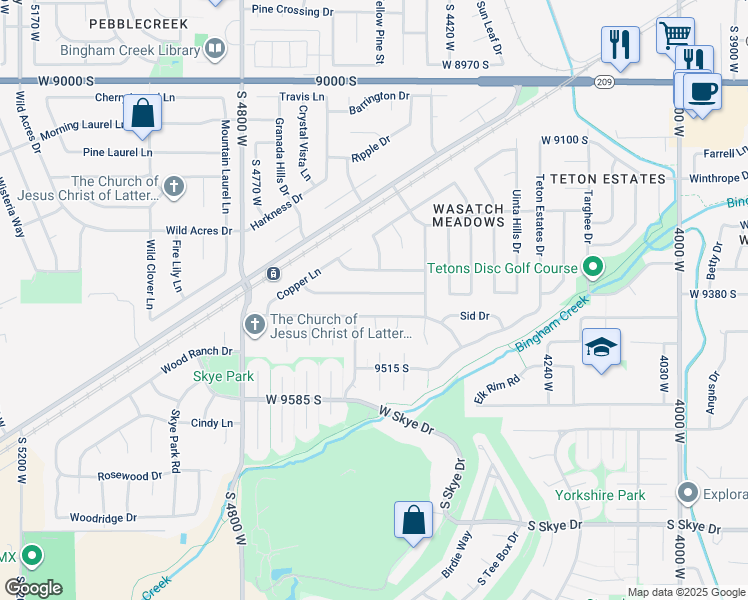 map of restaurants, bars, coffee shops, grocery stores, and more near 4532 9380 South in West Jordan