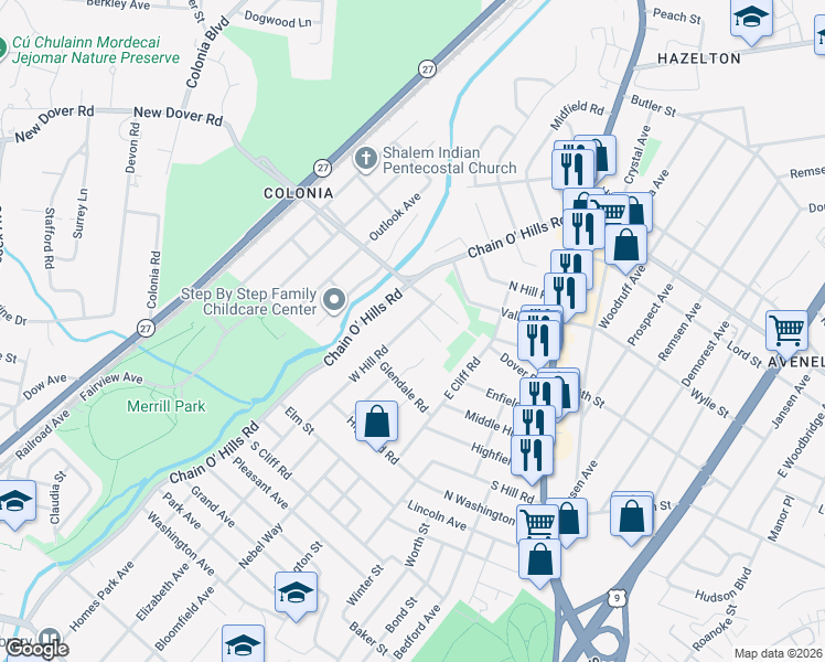map of restaurants, bars, coffee shops, grocery stores, and more near 107 West Hill Road in Woodbridge Township