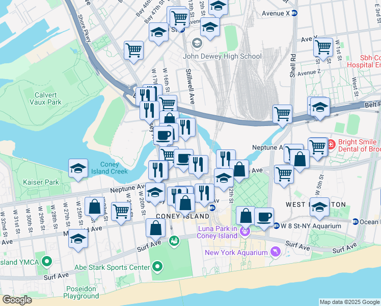 map of restaurants, bars, coffee shops, grocery stores, and more near 2735 West 15th Street in Brooklyn