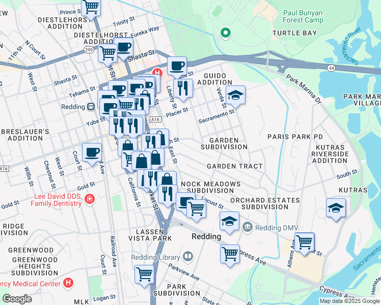 map of restaurants, bars, coffee shops, grocery stores, and more near 1040 Gold Street in Redding