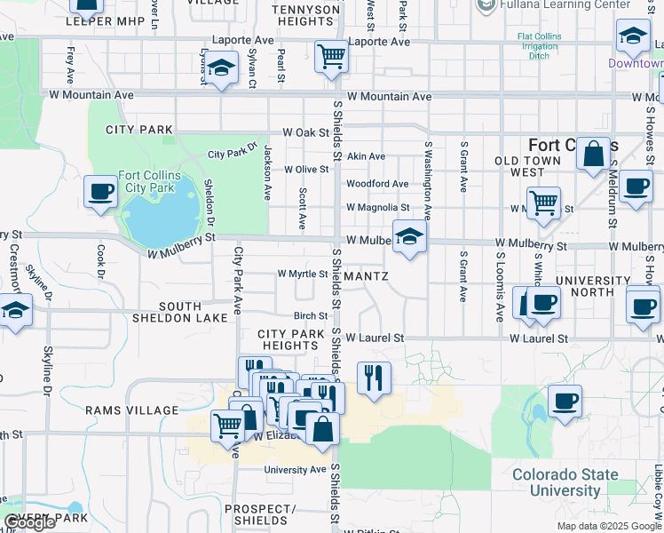 map of restaurants, bars, coffee shops, grocery stores, and more near 515 South Shields Street in Fort Collins