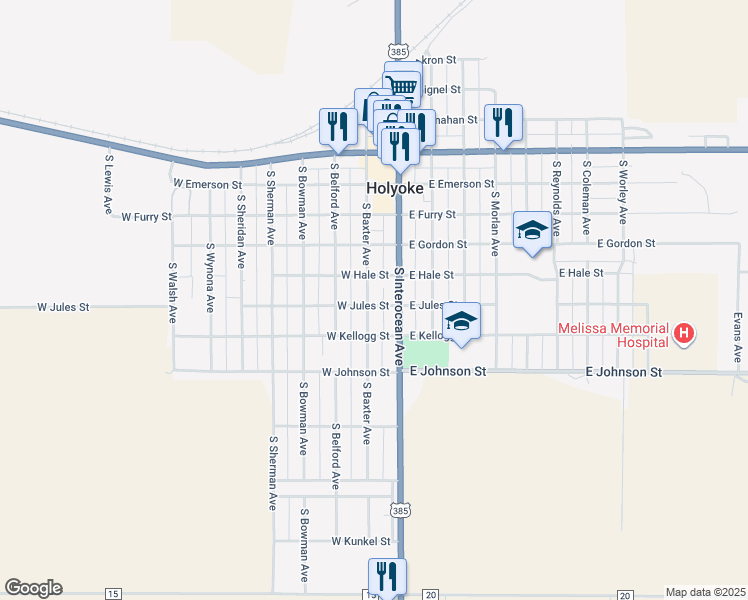 map of restaurants, bars, coffee shops, grocery stores, and more near 539 South Baxter Avenue in Holyoke