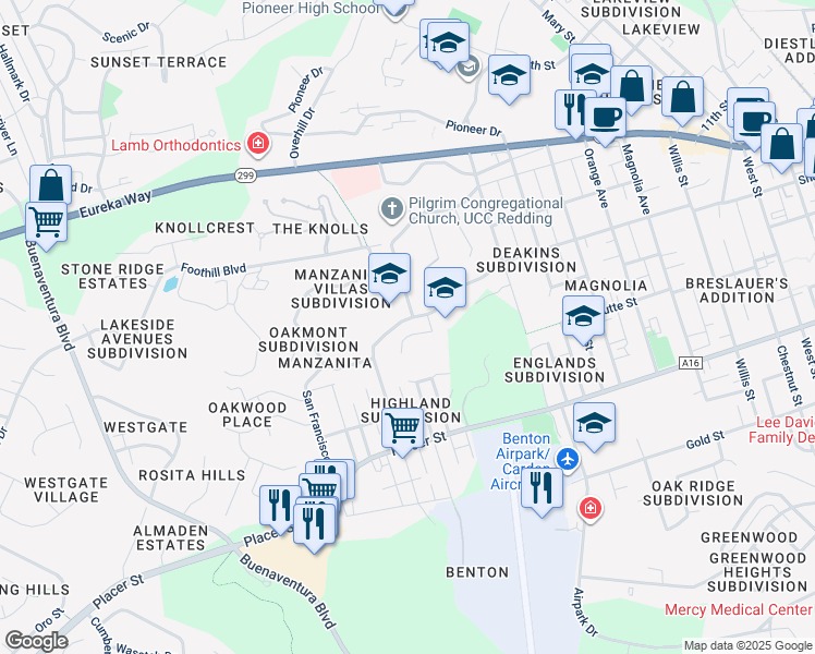 map of restaurants, bars, coffee shops, grocery stores, and more near 2915 Shasta Street in Redding