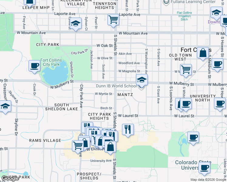 map of restaurants, bars, coffee shops, grocery stores, and more near 515 South Shields Street in Fort Collins