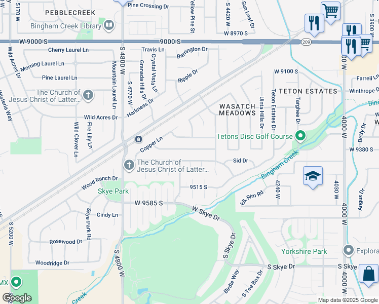 map of restaurants, bars, coffee shops, grocery stores, and more near 4532 9380 South in West Jordan
