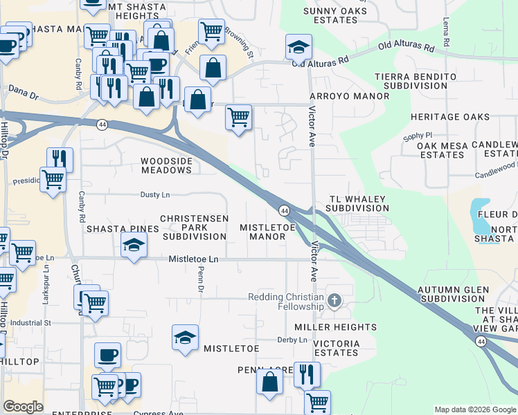 map of restaurants, bars, coffee shops, grocery stores, and more near 1800 Lindeena Lane in Redding