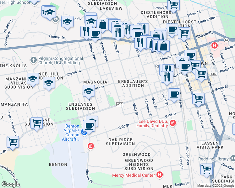 map of restaurants, bars, coffee shops, grocery stores, and more near 1550 Magnolia Avenue in Redding