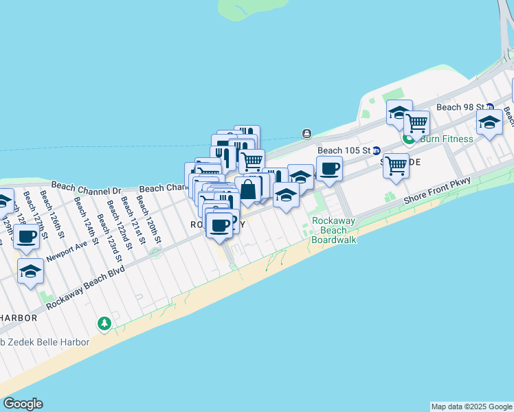 map of restaurants, bars, coffee shops, grocery stores, and more near 112-22 Rockaway Beach Boulevard in Queens