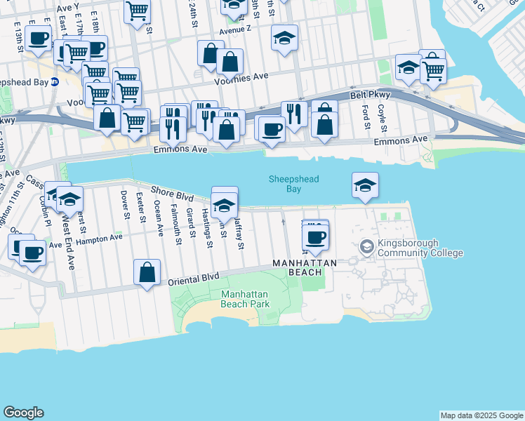 map of restaurants, bars, coffee shops, grocery stores, and more near 1406 Shore Boulevard in Brooklyn