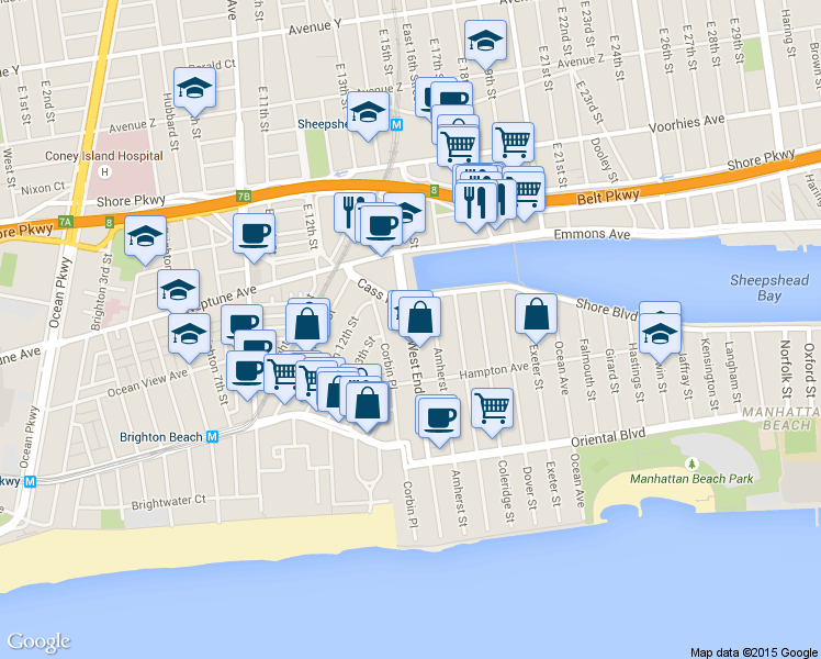 map of restaurants, bars, coffee shops, grocery stores, and more near 30 Amherst Street in Brooklyn