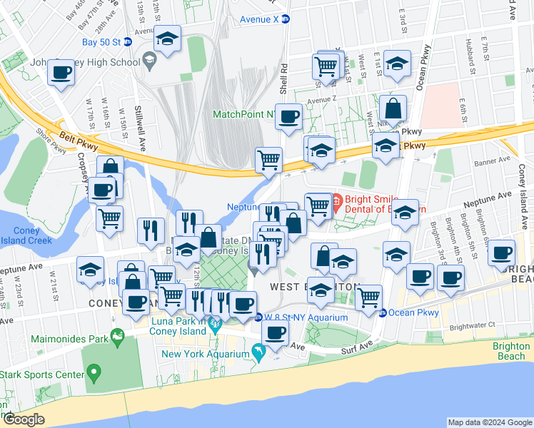 map of restaurants, bars, coffee shops, grocery stores, and more near 2955 Shell Road in Brooklyn