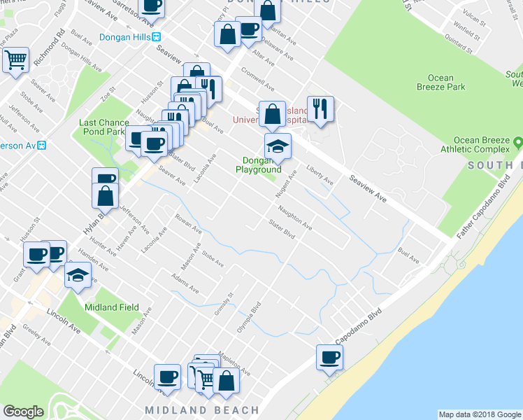 map of restaurants, bars, coffee shops, grocery stores, and more near 185 Slater Boulevard in Staten Island