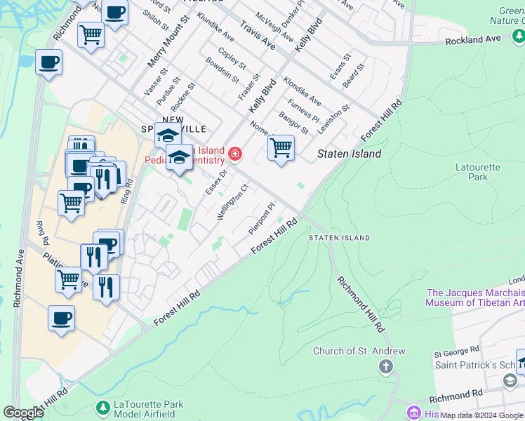 map of restaurants, bars, coffee shops, grocery stores, and more near 30 Belmar Drive East in Staten Island
