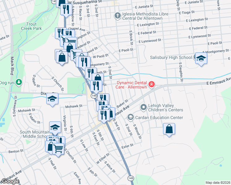 map of restaurants, bars, coffee shops, grocery stores, and more near 1869 South 2nd Street in Allentown