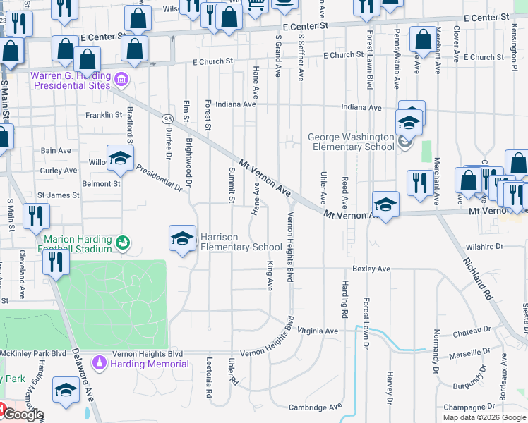 map of restaurants, bars, coffee shops, grocery stores, and more near 510 Hane Avenue in Marion