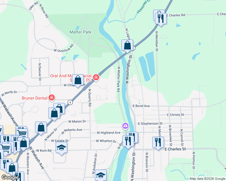 map of restaurants, bars, coffee shops, grocery stores, and more near 1513 North Matter Park Road in Marion