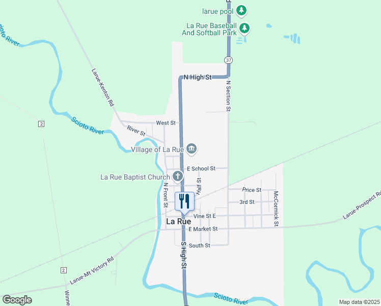 map of restaurants, bars, coffee shops, grocery stores, and more near 350 North High Street in La Rue