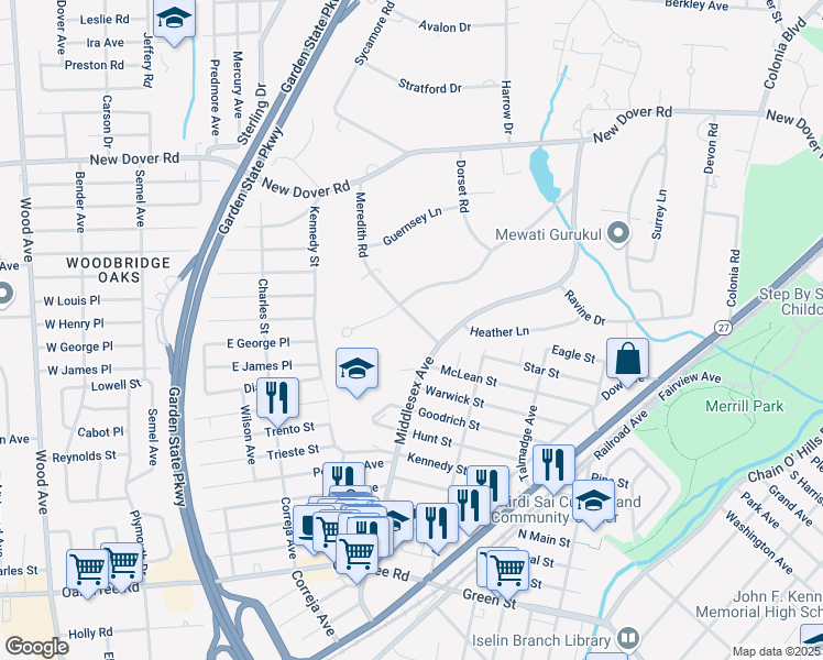 map of restaurants, bars, coffee shops, grocery stores, and more near 23 Meredith Road in Woodbridge Township