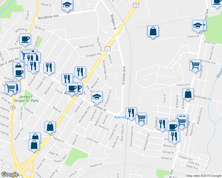 map of restaurants, bars, coffee shops, grocery stores, and more near 64 North Madison Avenue in Woodbridge Township