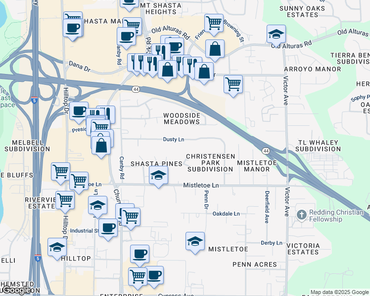 map of restaurants, bars, coffee shops, grocery stores, and more near 1267 Dusty Lane in Redding