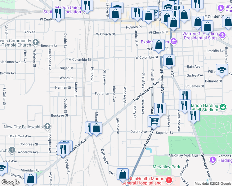 map of restaurants, bars, coffee shops, grocery stores, and more near 468 Blaine Avenue in Marion