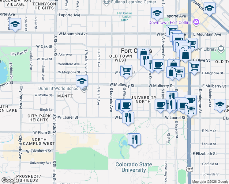 map of restaurants, bars, coffee shops, grocery stores, and more near 520 South Loomis Avenue in Fort Collins