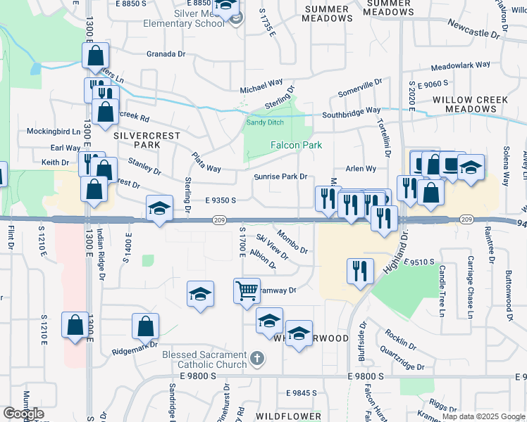 map of restaurants, bars, coffee shops, grocery stores, and more near 1744 Sunrise Meadow Drive in Sandy