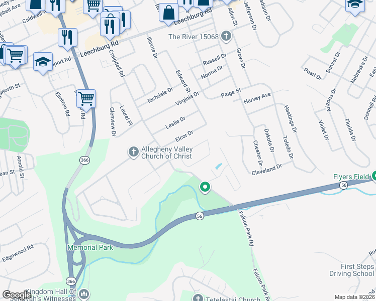 map of restaurants, bars, coffee shops, grocery stores, and more near Braddock Drive in Lower Burrell