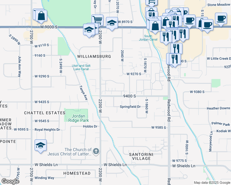 map of restaurants, bars, coffee shops, grocery stores, and more near 2097 Jordan Villa Drive in West Jordan