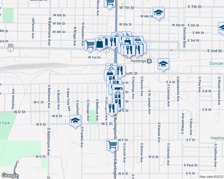map of restaurants, bars, coffee shops, grocery stores, and more near 342 American Legion Memorial Highway in Hastings