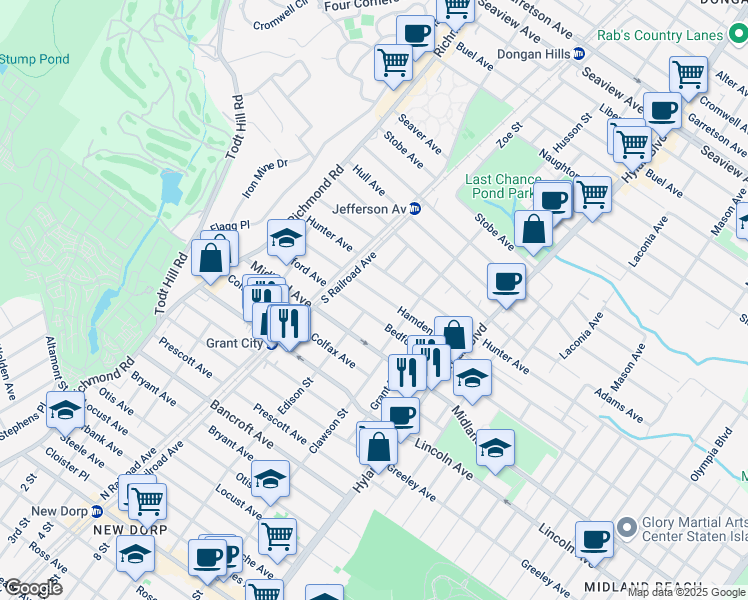 map of restaurants, bars, coffee shops, grocery stores, and more near 136 Hamden Avenue in Staten Island