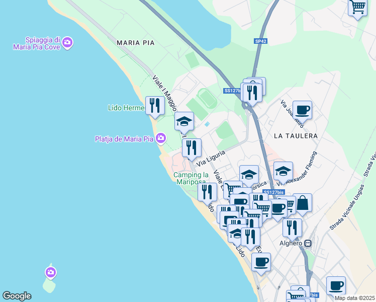 map of restaurants, bars, coffee shops, grocery stores, and more near Via Francesco Costantino in Alghero