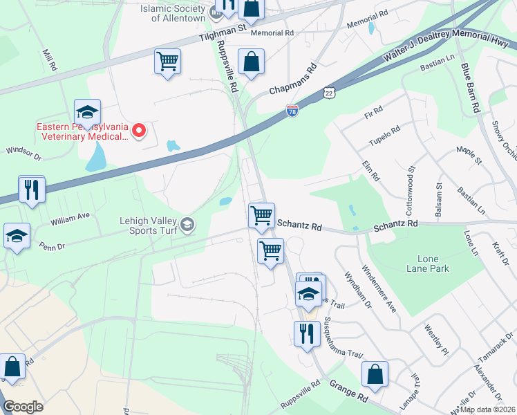 map of restaurants, bars, coffee shops, grocery stores, and more near 6749 Ruppsville Road in Allentown