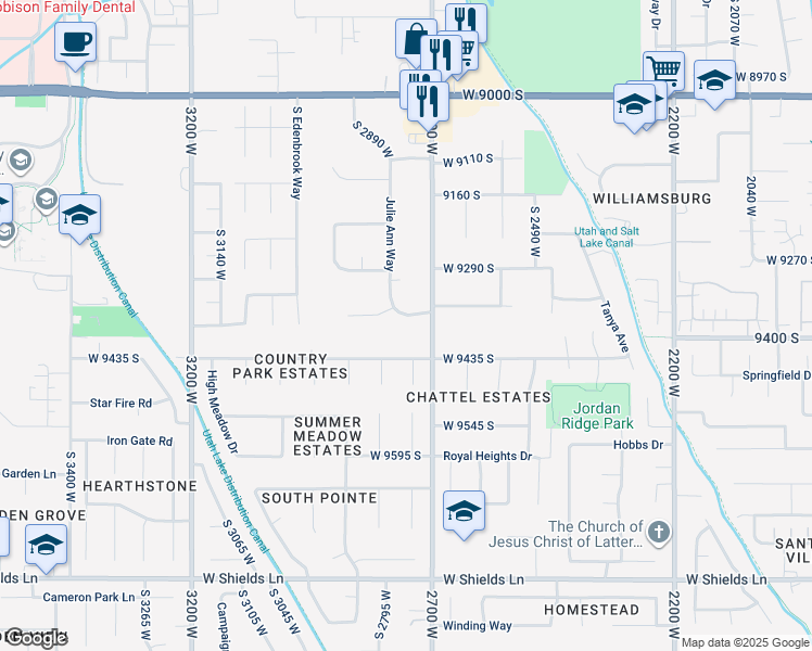 map of restaurants, bars, coffee shops, grocery stores, and more near 1967 West 9350 South in West Jordan