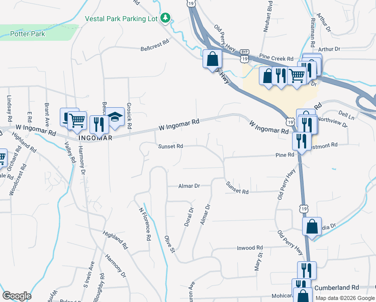 map of restaurants, bars, coffee shops, grocery stores, and more near 365 Sunset Road in Pittsburgh