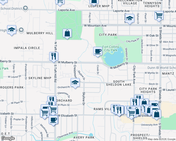 map of restaurants, bars, coffee shops, grocery stores, and more near 1848 Homer Drive in Fort Collins