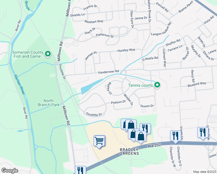 map of restaurants, bars, coffee shops, grocery stores, and more near 1205 Bayley Court in Bridgewater