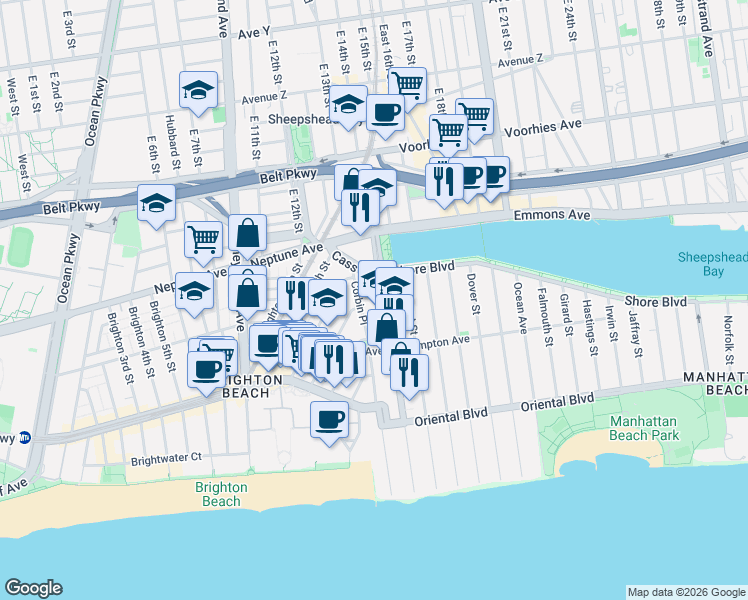 map of restaurants, bars, coffee shops, grocery stores, and more near 35 Corbin Place in Brooklyn