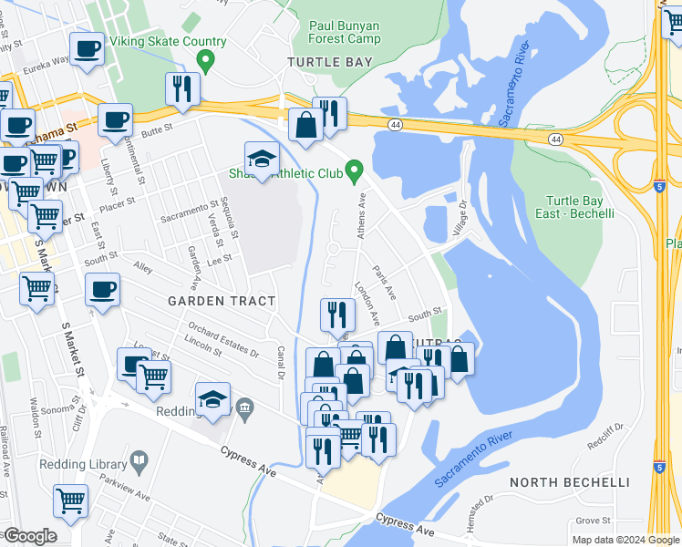 map of restaurants, bars, coffee shops, grocery stores, and more near 517 Monet Walk in Redding