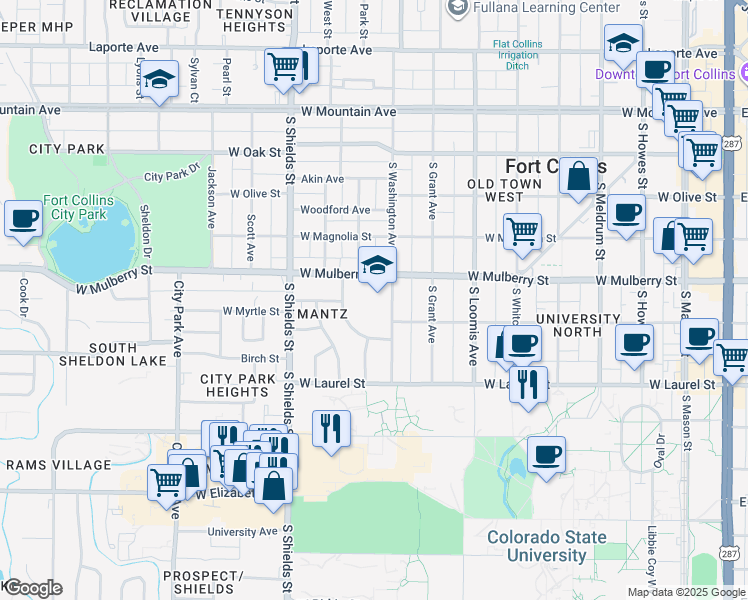 map of restaurants, bars, coffee shops, grocery stores, and more near 501 South Washington Avenue in Fort Collins