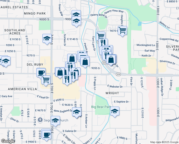 map of restaurants, bars, coffee shops, grocery stores, and more near 915 East 9400 South in Sandy