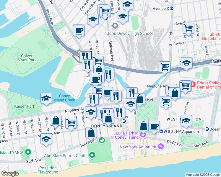 map of restaurants, bars, coffee shops, grocery stores, and more near 2735 West 15th Street in Brooklyn