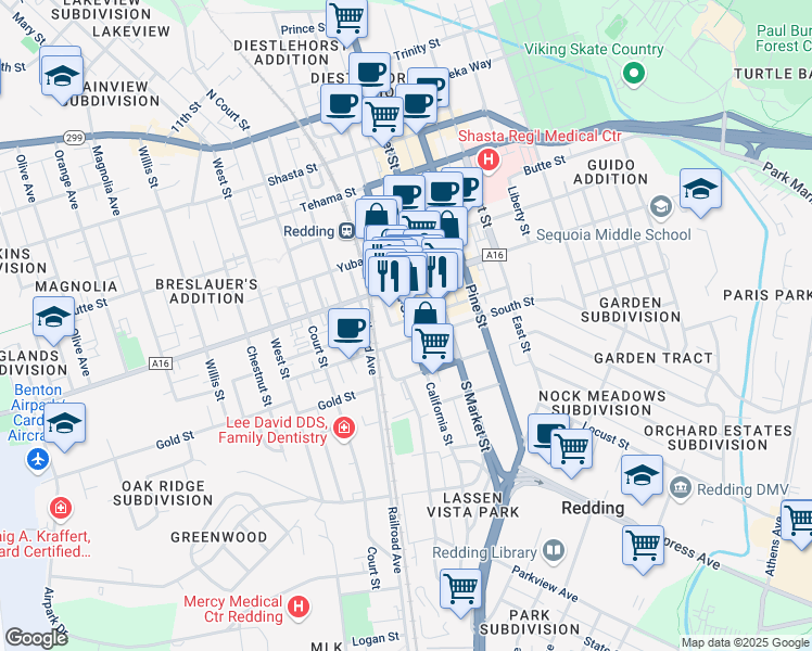 map of restaurants, bars, coffee shops, grocery stores, and more near 1802 California Street in Redding